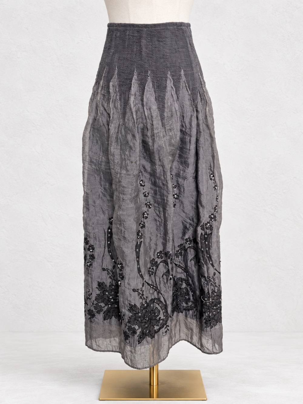 Vintage Grey Floral Embroidered Maxi Skirt One Size Boho Whimsigoth